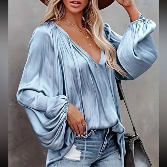 Luxe Satin Neck Tie Lantern Long sleeve Blouse - Picture 13 of 13